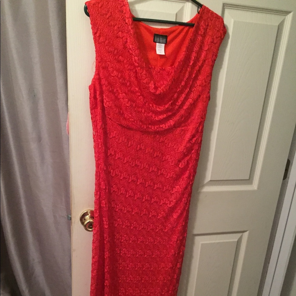 Red lace dress, cowl neck